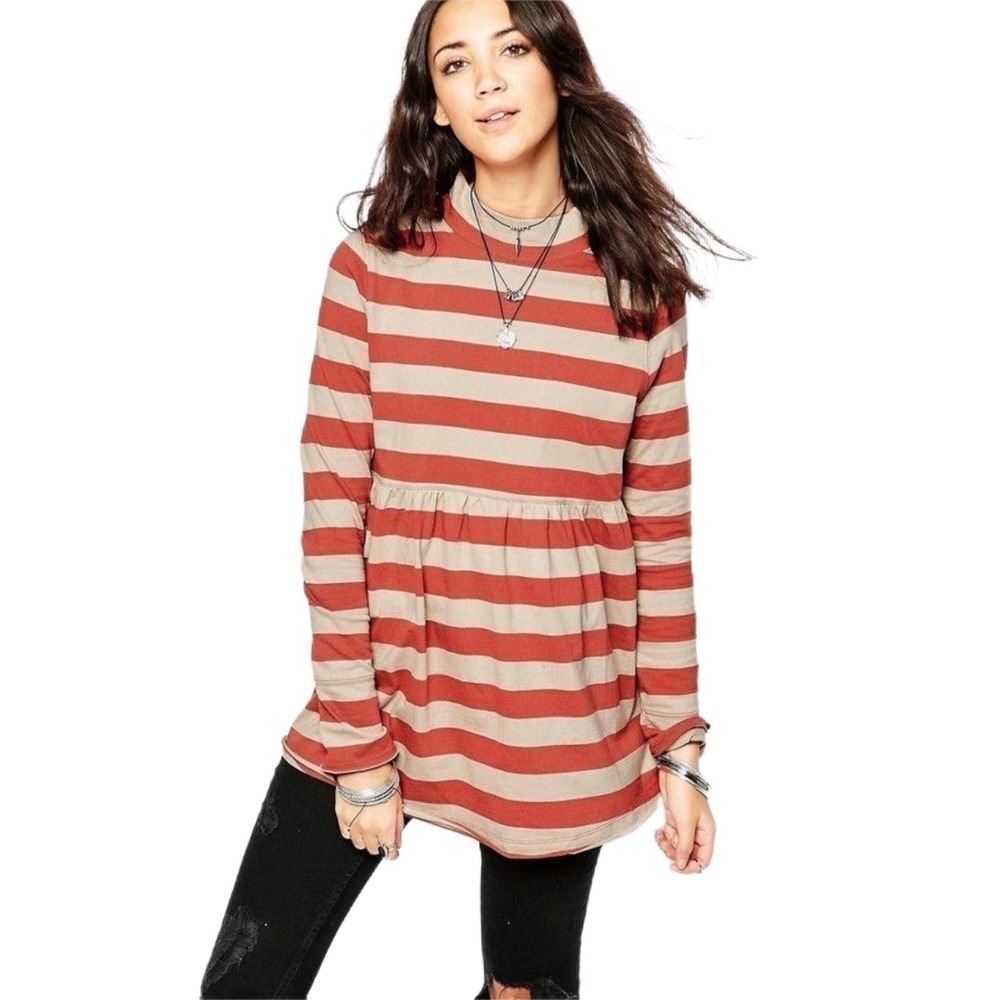 Free People Mod About It Striped Mock Neck Long Sleeve Tunic Top Size Medium